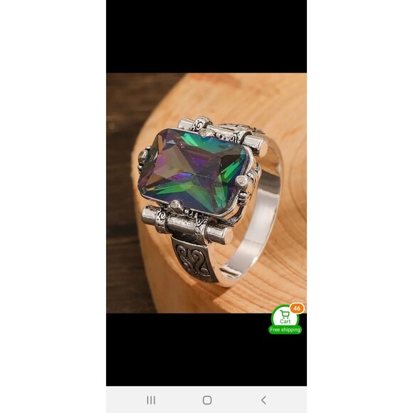 Antique Silver LARGE Rectangle Colorful Stone Size 8 Dazzler - Picture 2 of 5